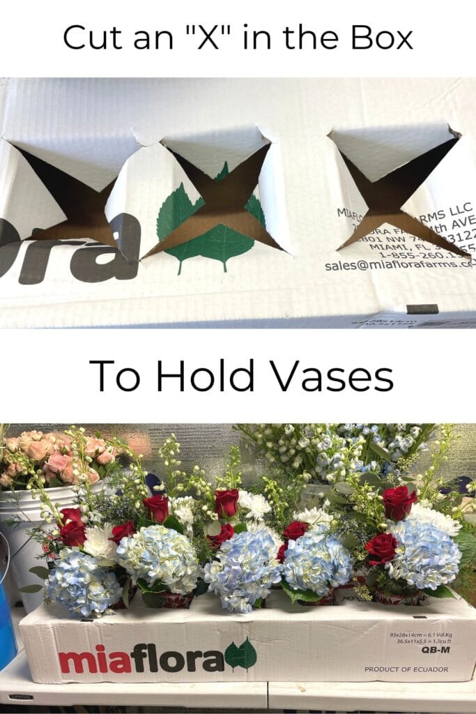 cut an "X" in a long narrow bow to travel with vases of fresh flowers