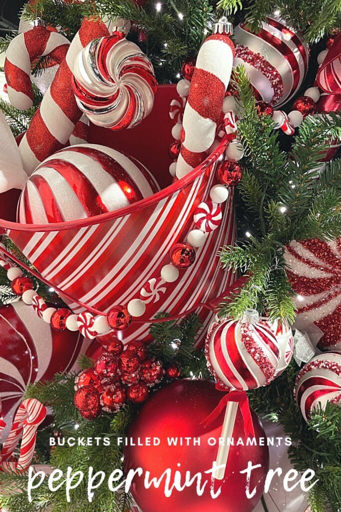 buckets filled with christmas ornaments