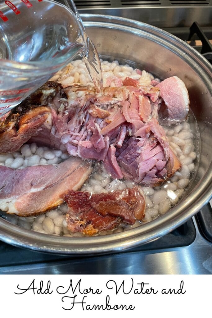 add more water to ham bone and beas as needed