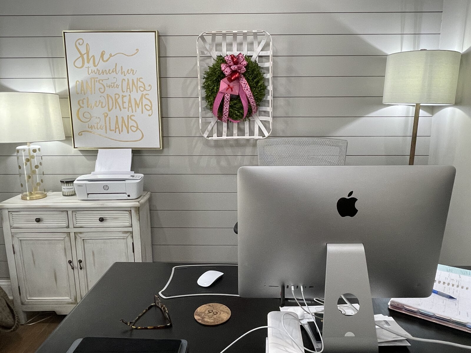 home office tobacco basket on wall behind desk