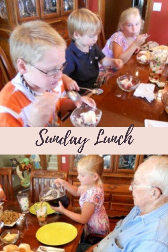 grandchildren having lunch with great grandfather