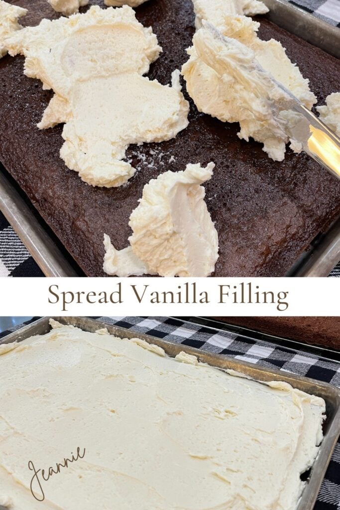 spread vanilla filling over chocolate snack cake layer