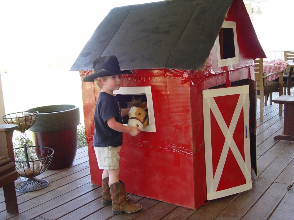 cardboard box barn on the back porch