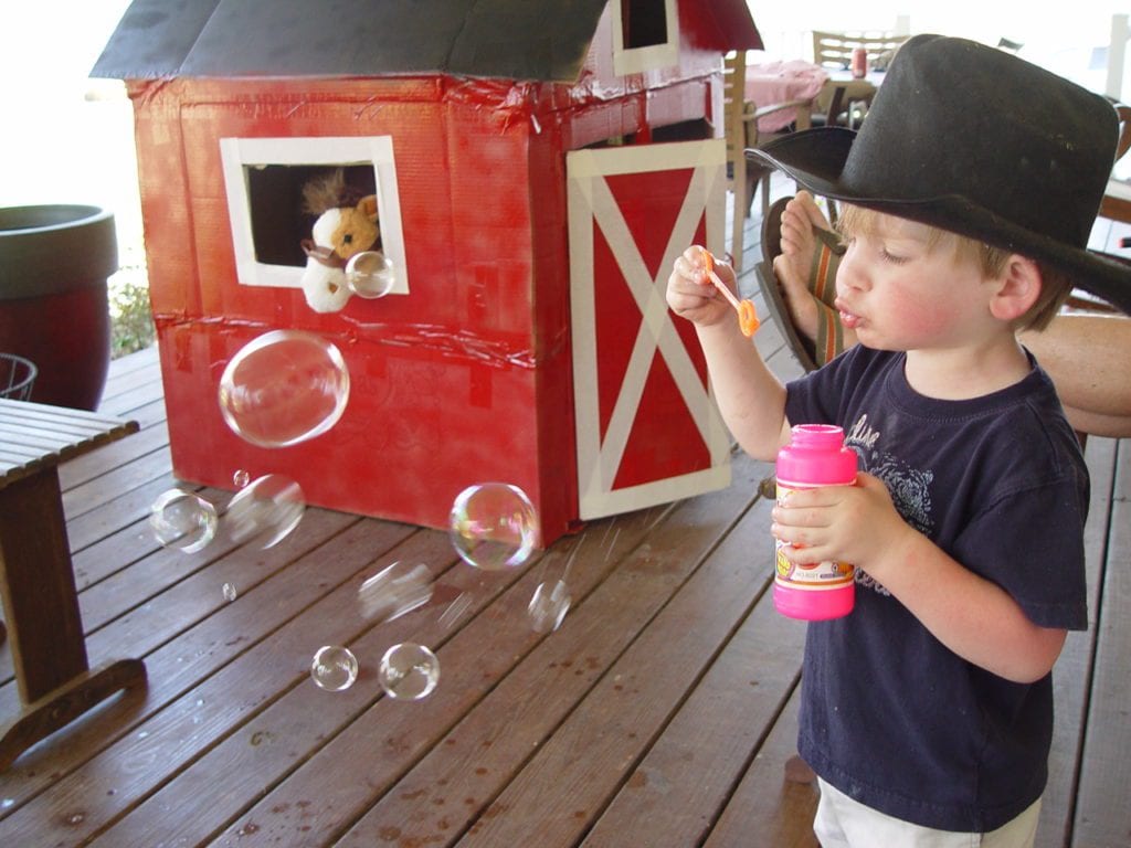 matt blowing bubbles on the back porch, horse in the cardboard box barn
