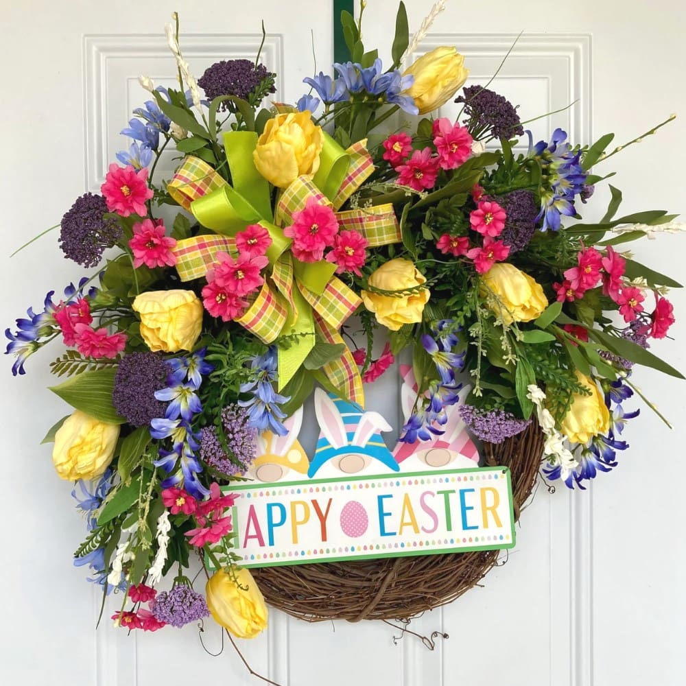 multicolor flowers and yellow silk parrot tulips in an Easter wreath