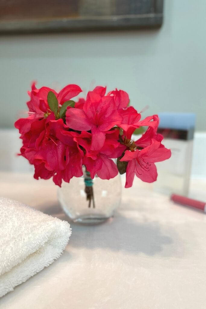 fresh cut azaleas in a glass container on the bathroom counter