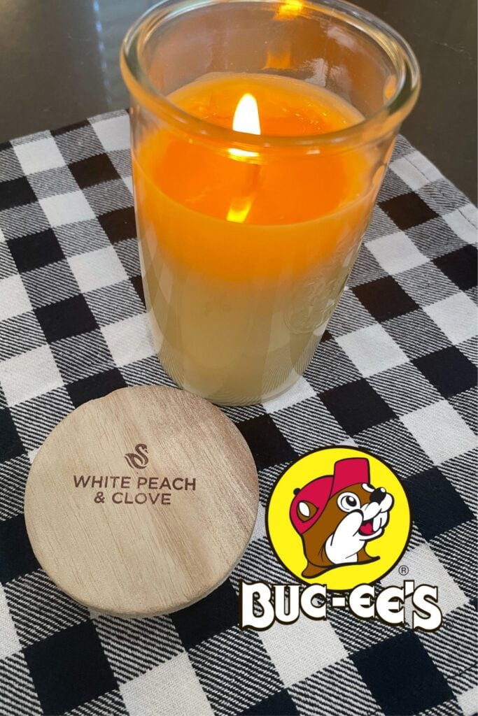 white peach and clove candle from buc-ee's
