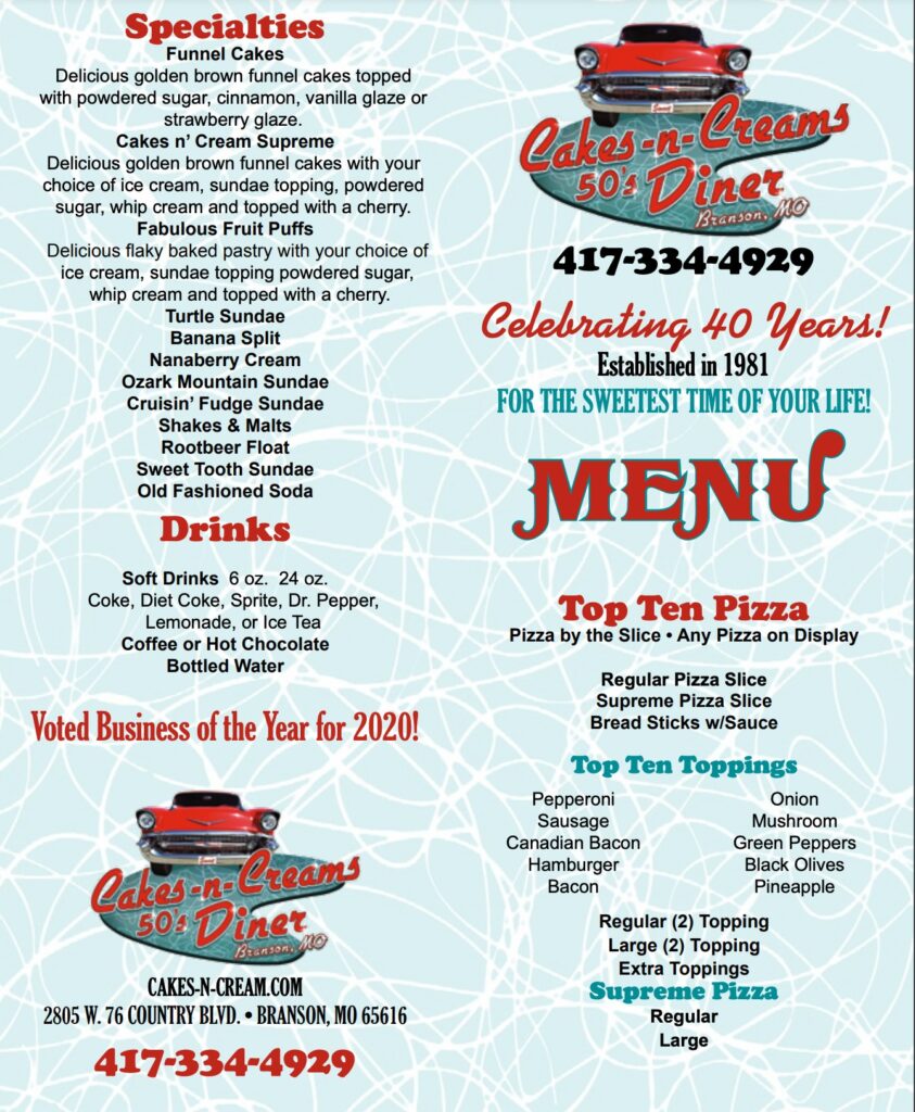 menu from cakes-n-creams-diner branson, mo