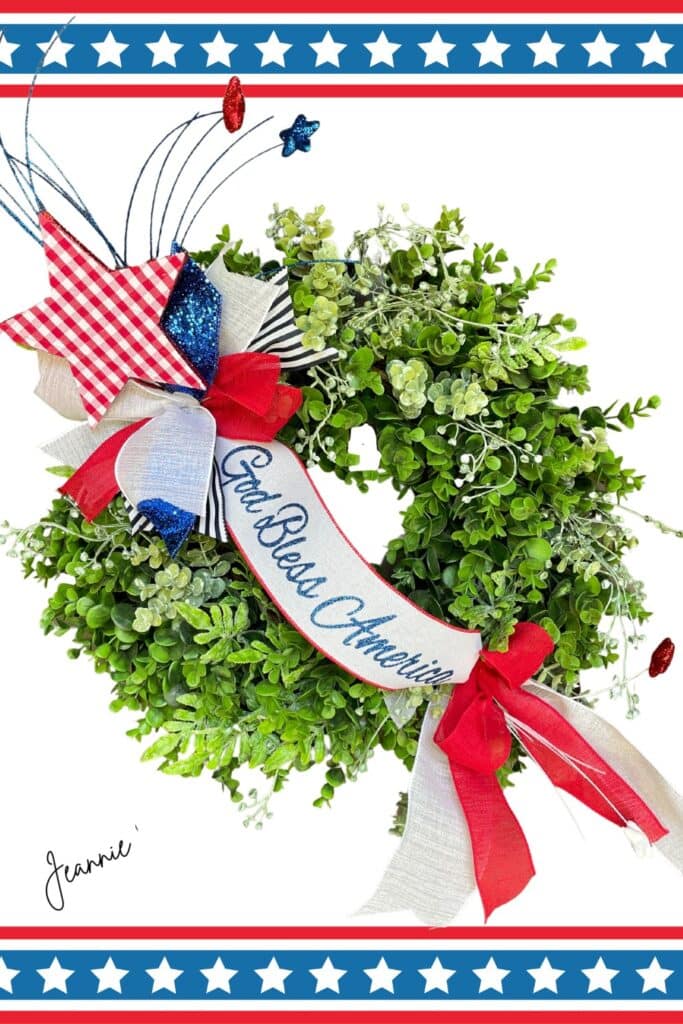 boxwood wreath with patriotic bow and ribbon