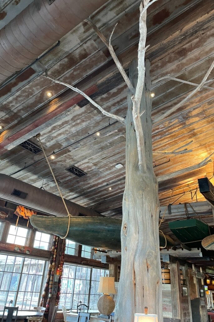 rustic interior with trees and boats