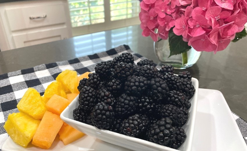 blackberry pickin' time bowl of fresh blackberries with pineapple and cantaloupe