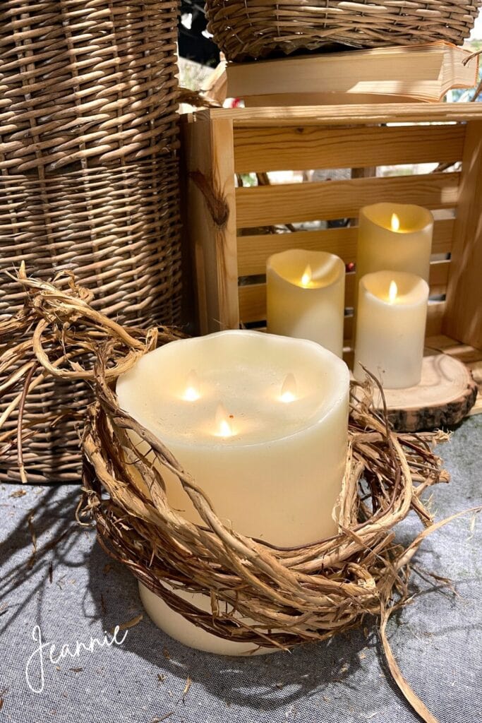 battery powered candles decorated with twig vine and jute