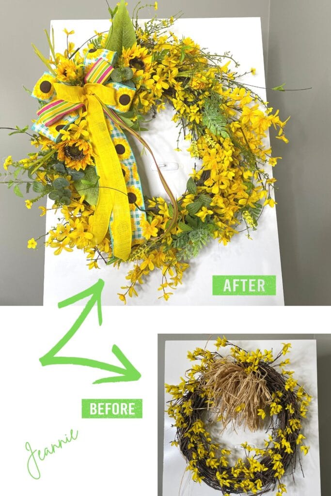 before and after images of forsythia grapevine wreath