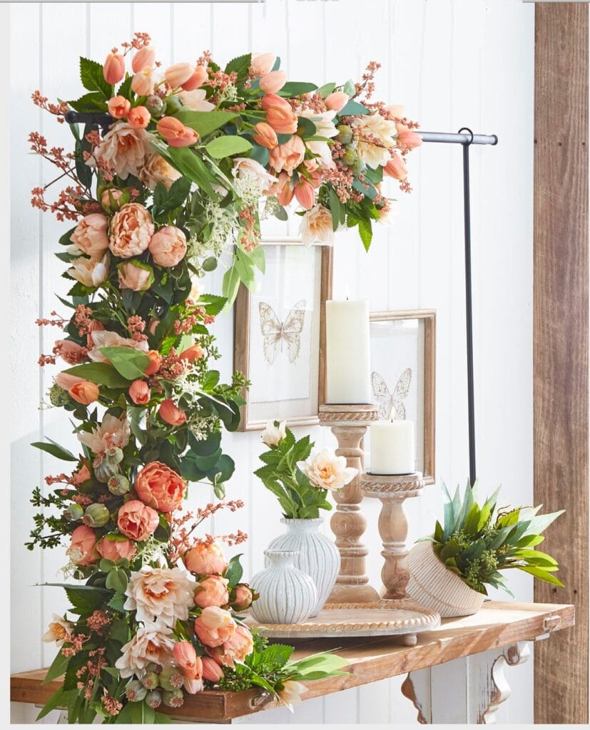 spring florals on an over the table decorating rod