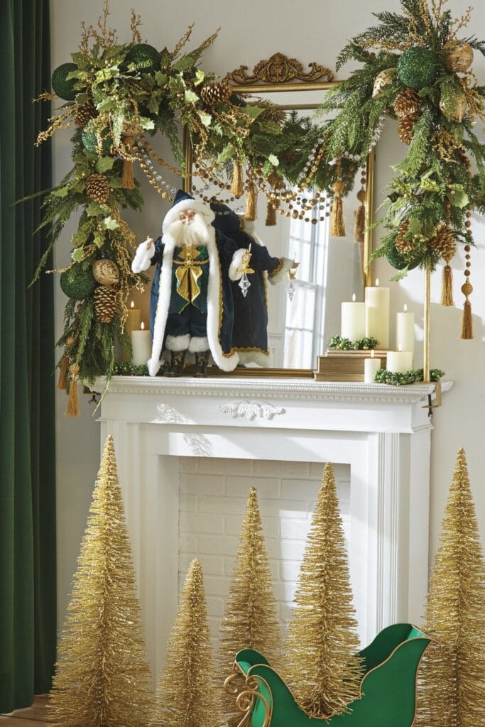 christmas mantel decorated with gold pinecones, tassels, balls and garland on an over the table rod