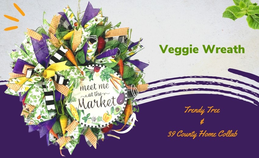 veggie wreath made with trendy tree kit of deco mesh, ribbons, sign and vegetables
