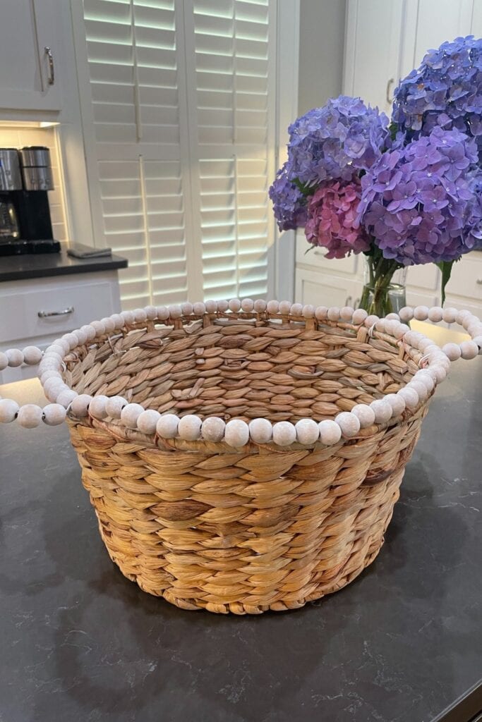 wicker basket with beaded trim