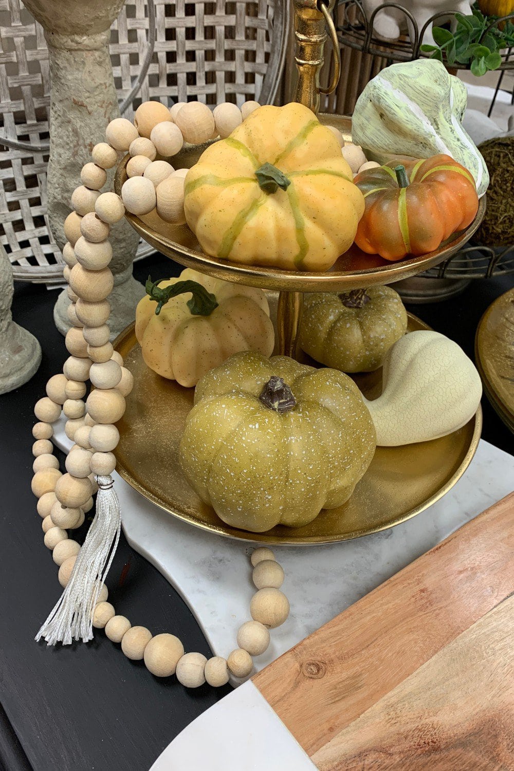 wood bead garland with small pumpkins