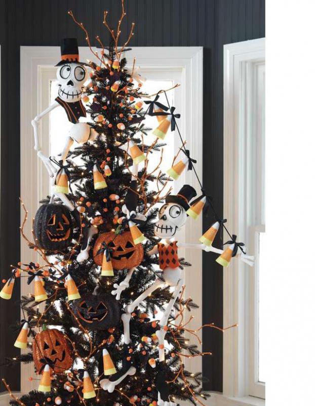 halloween tree with skeletons and candy corn, pumpkin decorations