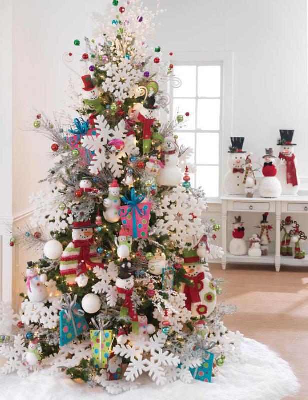 snowy christmas tree with huge snowflakes, snowmen, presents and ball sprays