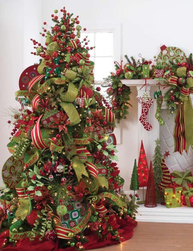 wide ribbon on lime green and red tree