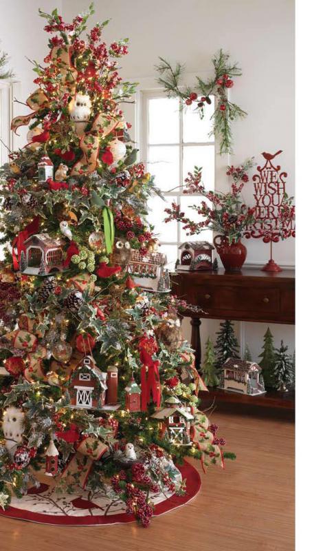 green tree with birdhouses, cardinals, red berries, white feathered owls, green ball ornaments, holly