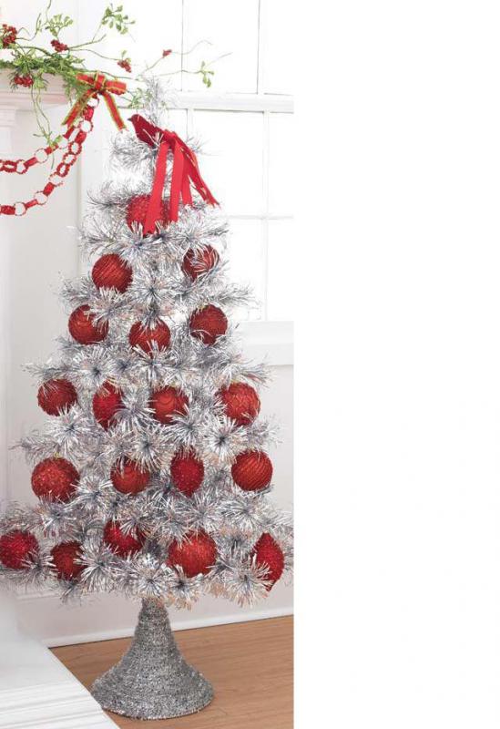 silver tinsel retro christmas tree with red balls