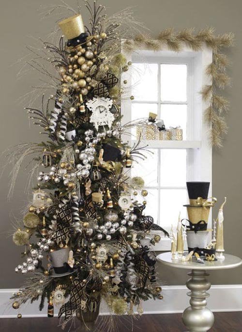 christmas tree that will last right thru new years, decorated with gold, silver and black