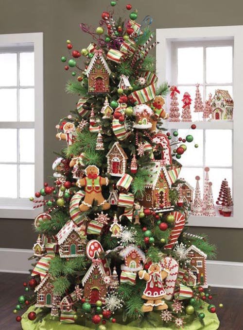 big gingerbread house, gingerbread boys, peppermint cone trees
