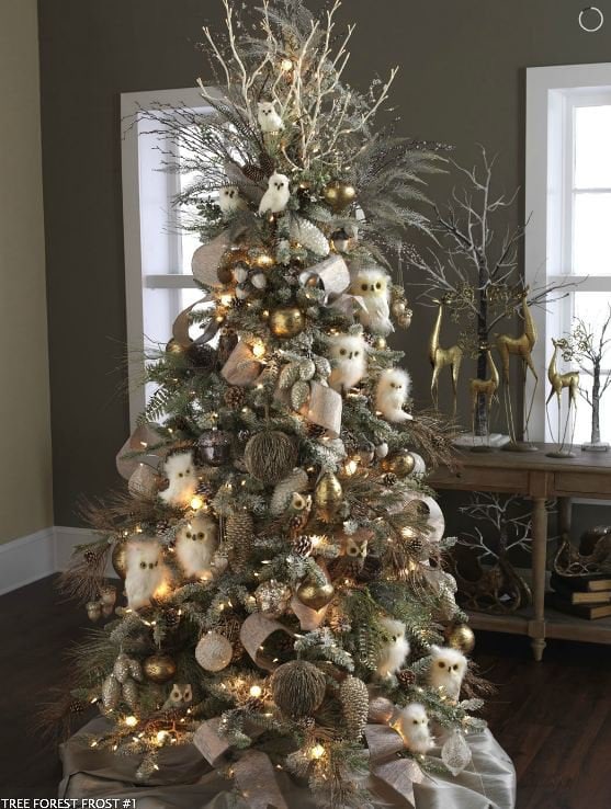 nature tree with white feathered owls, brown owls, pinecones, frosted picks kand sprays