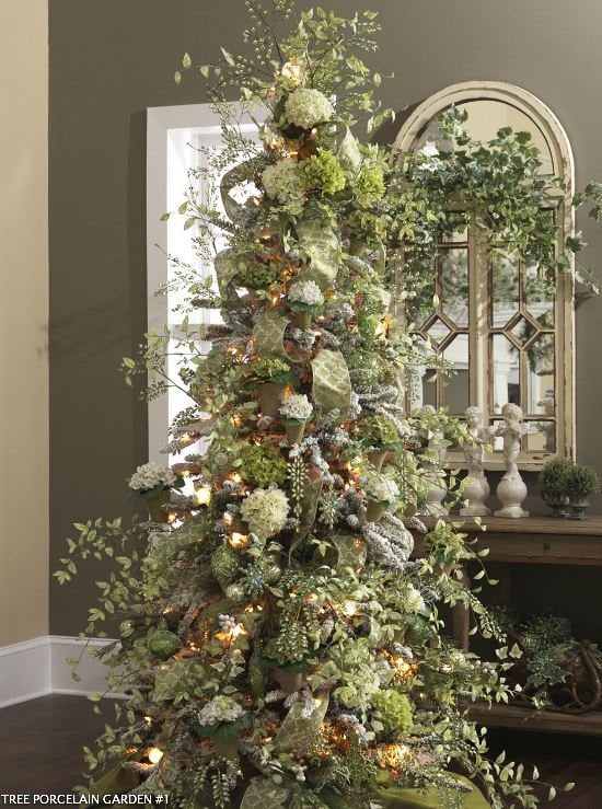 lime green sprays and hydrangea blooms, white lights, green berries on a christmas tree