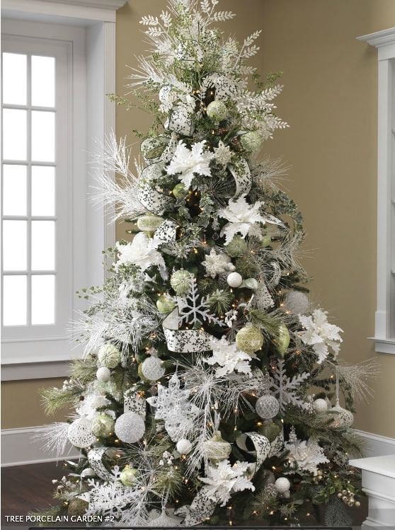 frosty christmas tree with iced poinsettias and huge glittery snowflakes