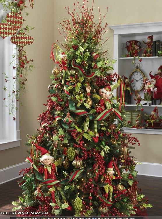 sentimental christmas tree with whimsical elves, red and lime green decorations