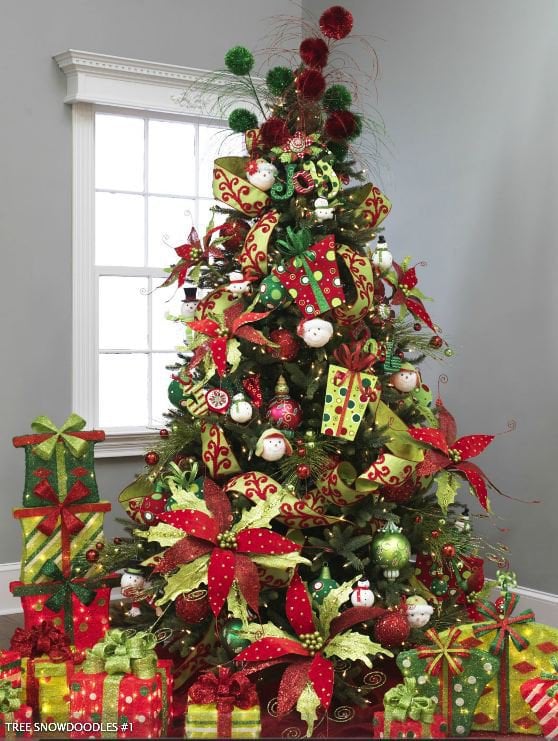 lime and emerald green ornaments, ball sprays, big polka dot and striped present ornaments, huge red and green poinsettias