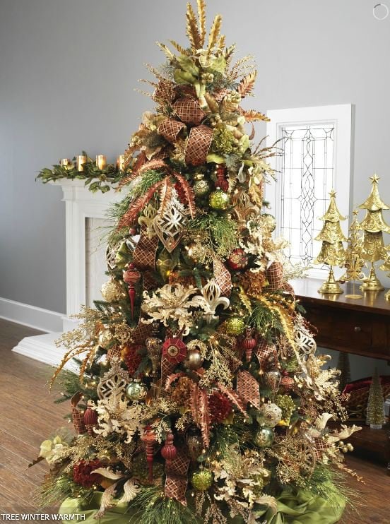 nature tree with gold and bronze ornaments, rich deep red and olive green, pine sprays and burnished gold picks