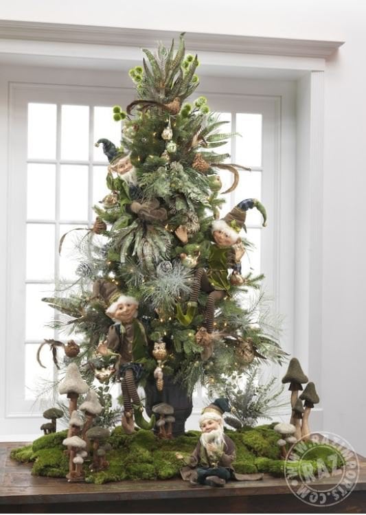 nature tree with woodland elves, mushroom ornaments, pheasants and feather picks