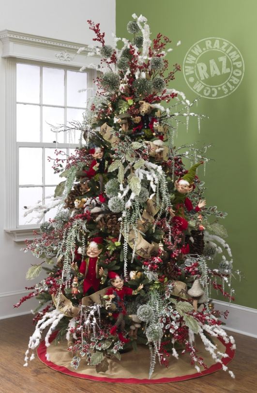 forest friends tree with elves, embroidered deer ribbon, snowy branches, red berries and pinecones