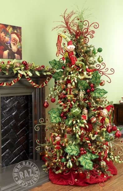 Christmas tree with huge mistletoe sprays, whimsical elves, red glitter curly sprays