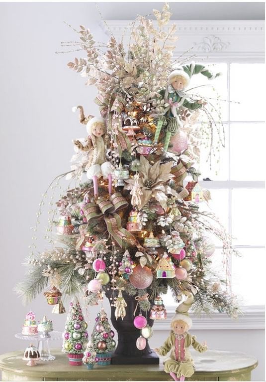 pastel decorated christmas tree, pinks, green, white, dainty elves, sparkly ornaments and icy picks