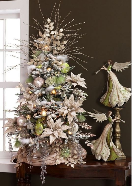 champagne ornaments, sparkly poinsettias and angles in beige and lime