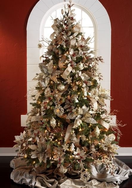 glittery gold and champagne christmas decorations with clear lights