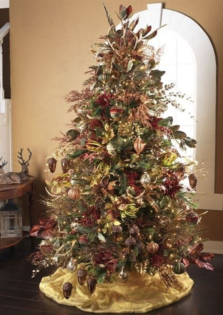 tree decorated with burnished gold and burgundy ornament, pheasant ornament and feather picks