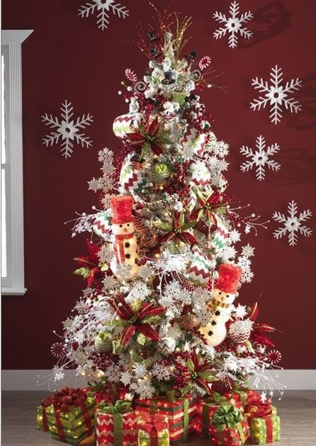 snowy tree with snowflakes and snowmen