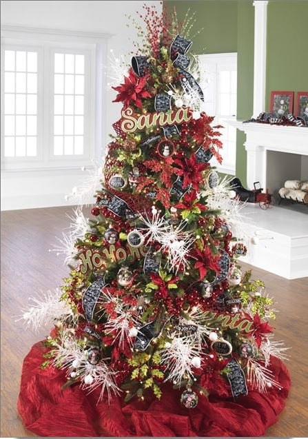 Embroidered ribbon, white glitterly spiky picks and red poinsettias, glittered santa signs and ho ho ho on a christmas tree