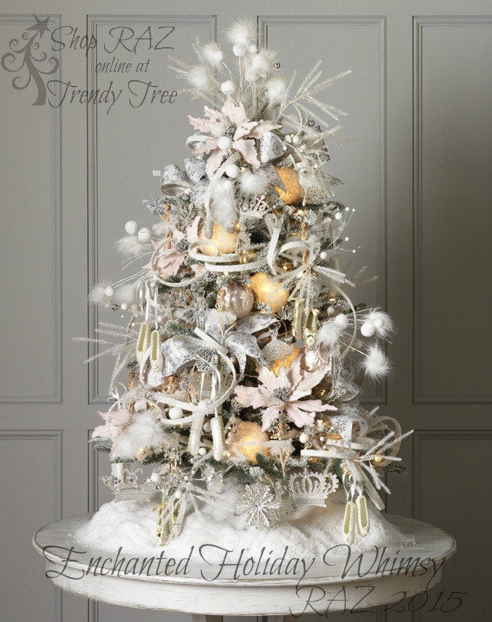 tabletop christmas tree with snowy ball picks, glittered garland and fuzzy sprays.