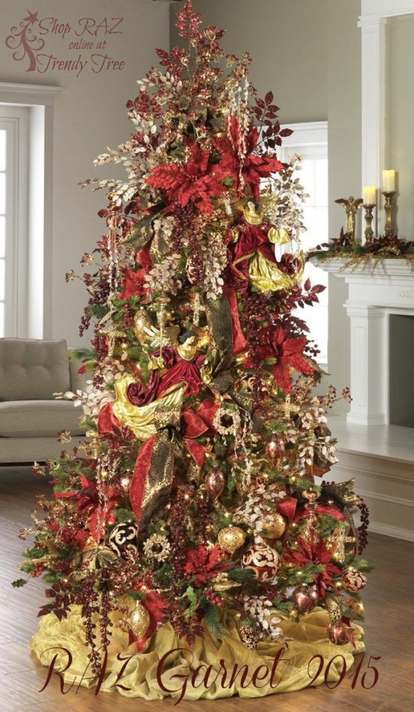 red and gold christmas decorations, elaborate embellished ornaments, red beaded garlands and gold angels