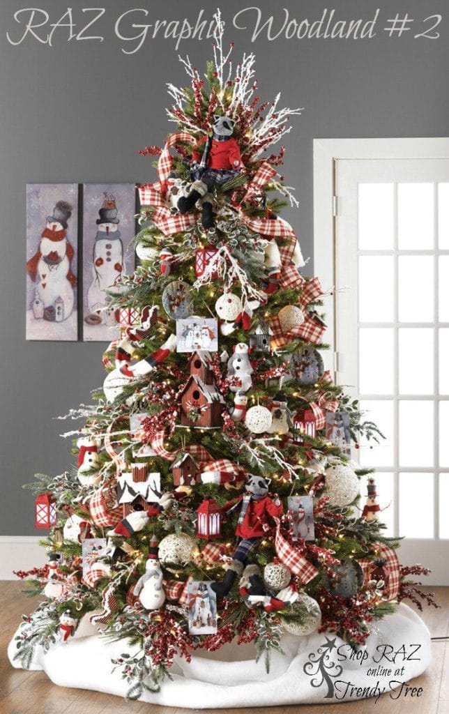 woodsy christmas tree with snowmen, animal ornament, plaid ribbon, lantern ornaments and twig branches