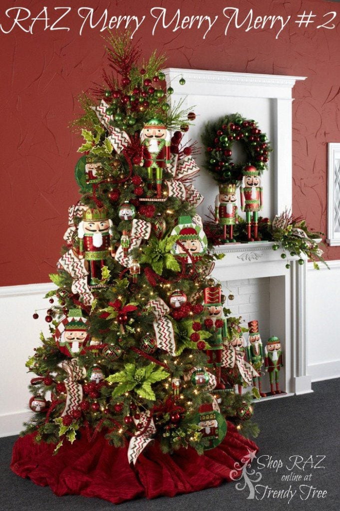 tree decorated with nutcracker ornament, green poinsettias, red ball sprays and zig zag ribbons, red velvet tree skirt