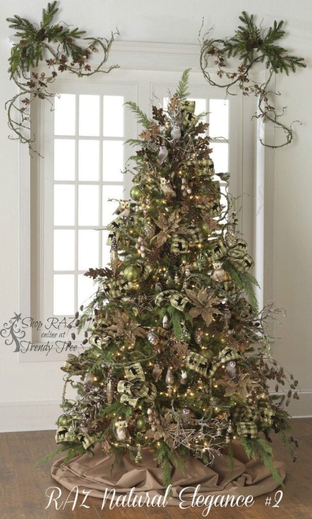 pinecone sprays, brown feathered owls, plaid ribbon and bronze poinsettias for a cabin or lodge style christmas tree