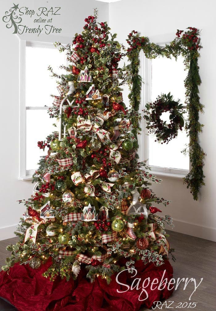 red cardinal ribbon, cottage ornaments, plaid ribbon, green and red ornaments, red birds on a green tree with red skirt